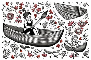 Row boat made of wildflowers with a small girl in it rowing through a sea tattoo idea