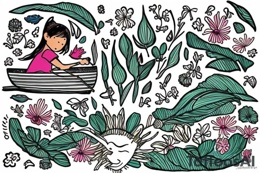 Row boat made of wildflowers with a small girl in it rowing through a sea tattoo idea