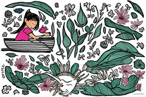 Row boat made of wildflowers with a small girl in it rowing through a sea tattoo idea