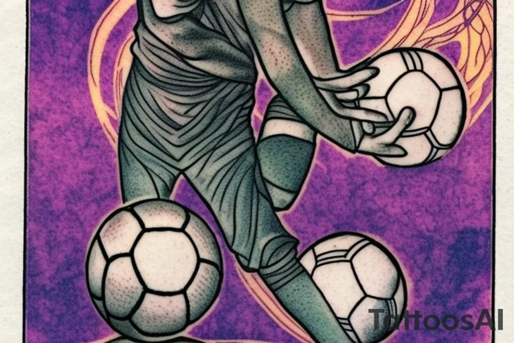 Design a tattoo featuring a soccer goalie incorporated into the Two of Wands tarot card. Consider incorporating elements such as the goalie in their uniform holding a ball, with the wands representing the team or their goals. The card could also feature symbols of strategy, competition, or ambition, all of which are associated with the Two of Wands card. Be creative. tattoo idea