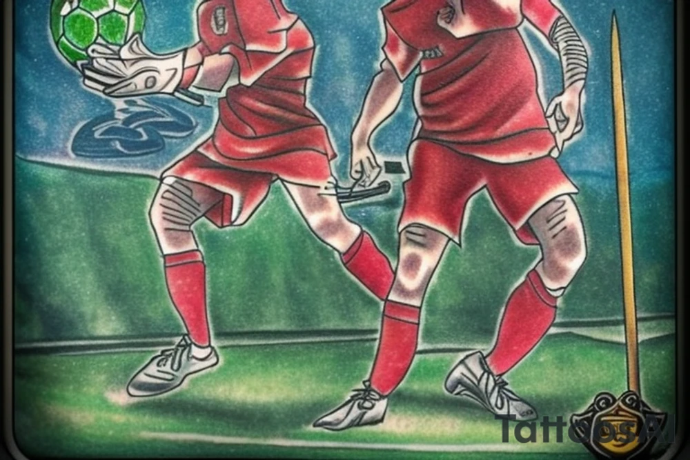 Design a tattoo featuring a soccer goalie incorporated into the Two of Wands tarot card. Consider incorporating elements such as the goalie in their uniform holding a ball, with the wands representing the team or their goals. The card could also feature symbols of strategy, competition, or ambition, all of which are associated with the Two of Wands card. Be creative. tattoo idea
