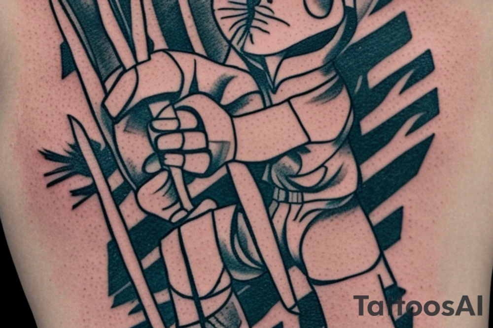Design a tattoo featuring a soccer goalie incorporated into the Two of Wands tarot card. Consider incorporating elements such as the goalie in their uniform holding a ball, with the wands representing the team or their goals. The card could also feature symbols of strategy, competition, or ambition, all of which are associated with the Two of Wands card. Be creative. tattoo idea