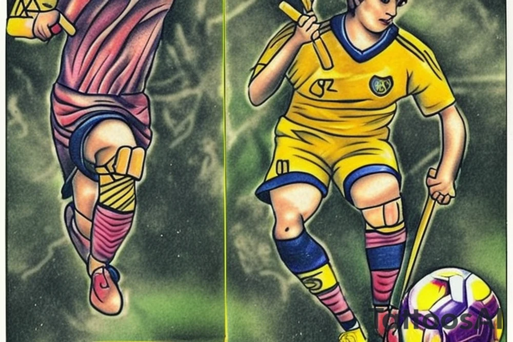 Design a tattoo featuring a soccer goalie incorporated into the Two of Wands tarot card. Consider incorporating elements such as the goalie in their uniform holding a ball, with the wands representing the team or their goals. The card could also feature symbols of strategy, competition, or ambition, all of which are associated with the Two of Wands card. Be creative. tattoo idea