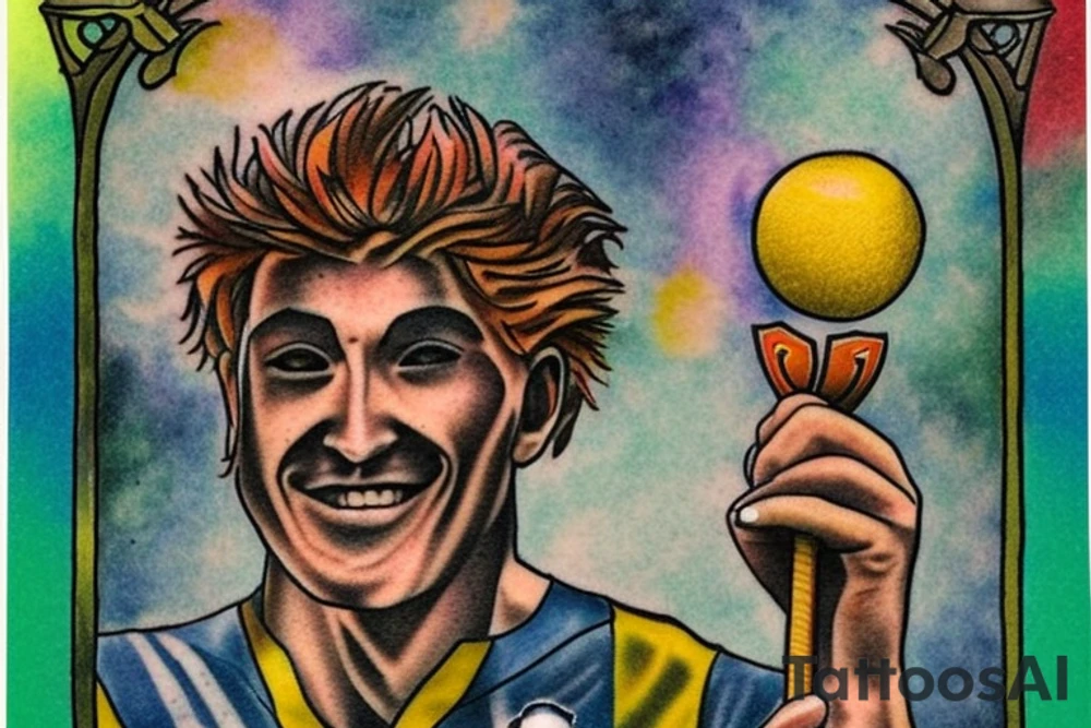 Design a tattoo featuring a soccer goalie incorporated into the Two of Wands tarot card. Consider incorporating elements such as the goalie in their uniform holding a ball, with the wands representing the team or their goals. The card could also feature symbols of strategy, competition, or ambition, all of which are associated with the Two of Wands card. Be creative. tattoo idea