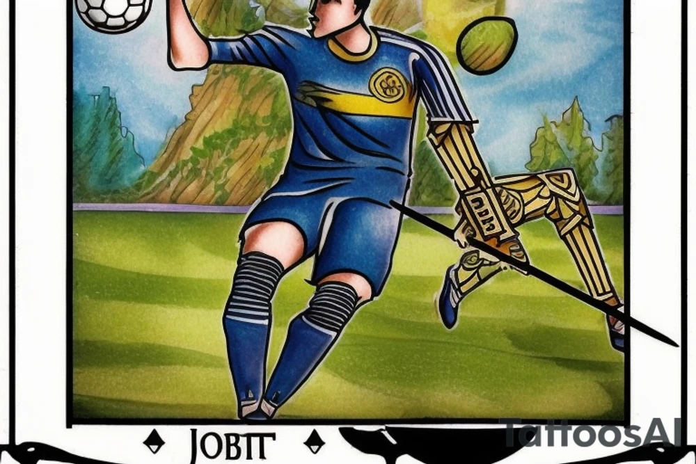 Design a tattoo featuring a soccer goalie incorporated into the Two of Wands tarot card. Consider incorporating elements such as the goalie in their uniform holding a ball, with the wands representing the team or their goals. The card could also feature symbols of strategy, competition, or ambition, all of which are associated with the Two of Wands card. Be creative. tattoo idea