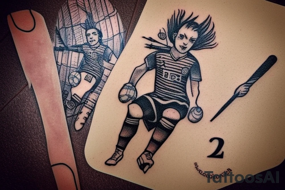 Design a tattoo featuring a soccer goalie incorporated into the Two of Wands tarot card. Consider incorporating elements such as the goalie in their uniform holding a ball, with the wands representing the team or their goals. The card could also feature symbols of strategy, competition, or ambition, all of which are associated with the Two of Wands card. Be creative. tattoo idea