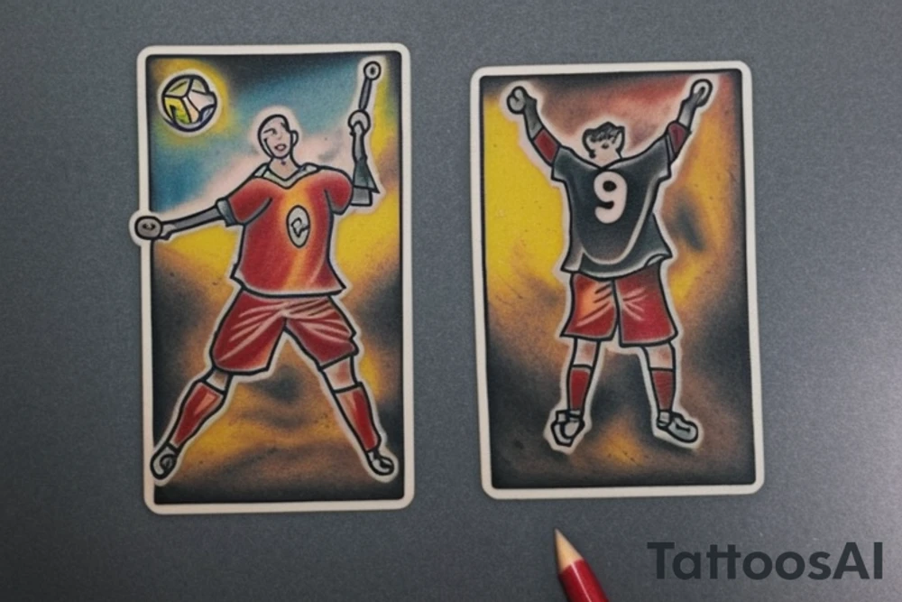 Design a tattoo featuring a soccer goalie incorporated into the Two of Wands tarot card. Consider incorporating elements such as the goalie in their uniform holding a ball, with the wands representing the team or their goals. The card could also feature symbols of strategy, competition, or ambition, all of which are associated with the Two of Wands card. Be creative. tattoo idea