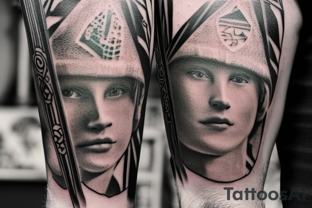 Design a unique tattoo that integrates a soccer goalie into the Two of Wands tarot card. Consider incorporating elements such as the goalie's uniform, their position on the field, and the imagery of the Two of Wands card, such as the two wands or the landscape in the background. Think about how the goalkeeper's presence could add a new layer of meaning to the tarot card's traditional interpretation, and how the two subjects can work together harmoniously to create a striking and meaningful tattoo design. tattoo idea
