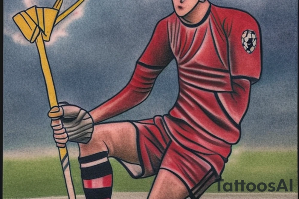 Design a unique tattoo that integrates a soccer goalie into the Two of Wands tarot card. Consider incorporating elements such as the goalie's uniform, their position on the field, and the imagery of the Two of Wands card, such as the two wands or the landscape in the background. Think about how the goalkeeper's presence could add a new layer of meaning to the tarot card's traditional interpretation, and how the two subjects can work together harmoniously to create a striking and meaningful tattoo design. tattoo idea