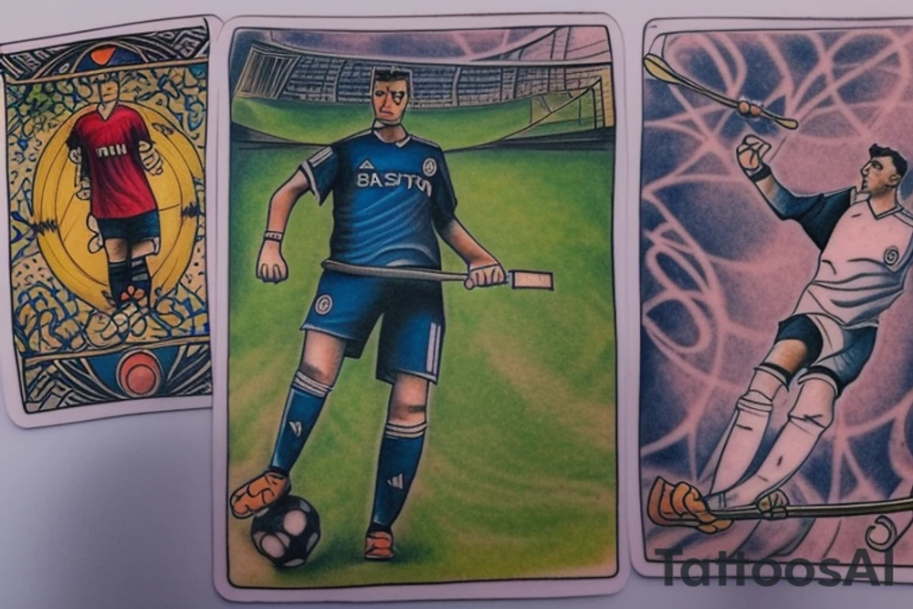 Design a unique tattoo that integrates a soccer goalie into the Two of Wands tarot card. Consider incorporating elements such as the goalie's uniform, their position on the field, and the imagery of the Two of Wands card, such as the two wands or the landscape in the background. Think about how the goalkeeper's presence could add a new layer of meaning to the tarot card's traditional interpretation, and how the two subjects can work together harmoniously to create a striking and meaningful tattoo design. tattoo idea