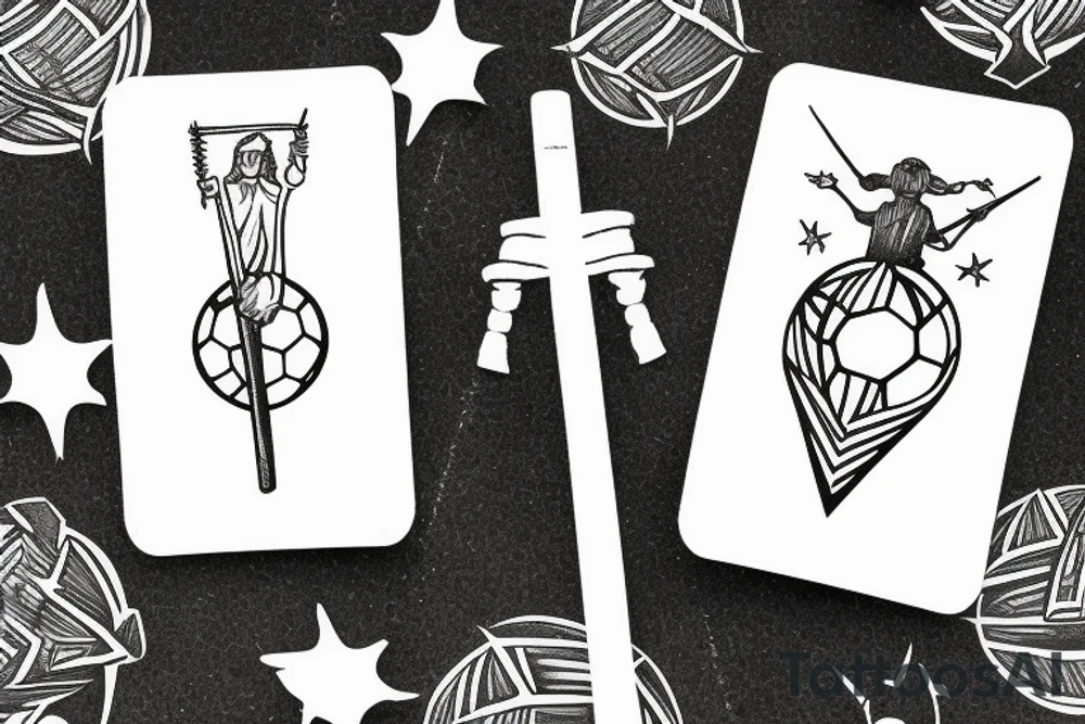 Two of wands tarot, wands as soccer goal posts. Soccer goalie. Oregon coast. tattoo idea