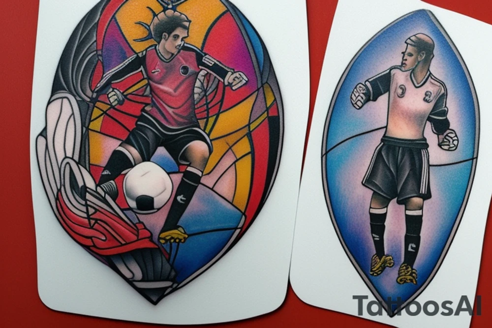 "Design a custom tattoo that combines the athleticism and strength of a soccer goalie with the duality and decision-making of the Two of Wands tarot card. Use your creativity to integrate the two elements seamlessly, capturing the essence of both in a single striking image. Consider incorporating elements such as a goalkeeper's gloves, a soccer ball, and the fiery imagery of the Two of Wands to create a truly unique and meaningful tattoo design." tattoo idea