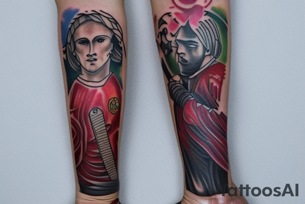 "Design a custom tattoo that combines the athleticism and strength of a soccer goalie with the duality and decision-making of the Two of Wands tarot card. Use your creativity to integrate the two elements seamlessly, capturing the essence of both in a single striking image. Consider incorporating elements such as a goalkeeper's gloves, a soccer ball, and the fiery imagery of the Two of Wands to create a truly unique and meaningful tattoo design." tattoo idea