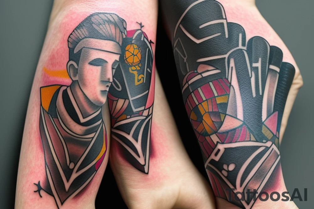 "Design a custom tattoo that combines the athleticism and strength of a soccer goalie with the duality and decision-making of the Two of Wands tarot card. Use your creativity to integrate the two elements seamlessly, capturing the essence of both in a single striking image. Consider incorporating elements such as a goalkeeper's gloves, a soccer ball, and the fiery imagery of the Two of Wands to create a truly unique and meaningful tattoo design." tattoo idea