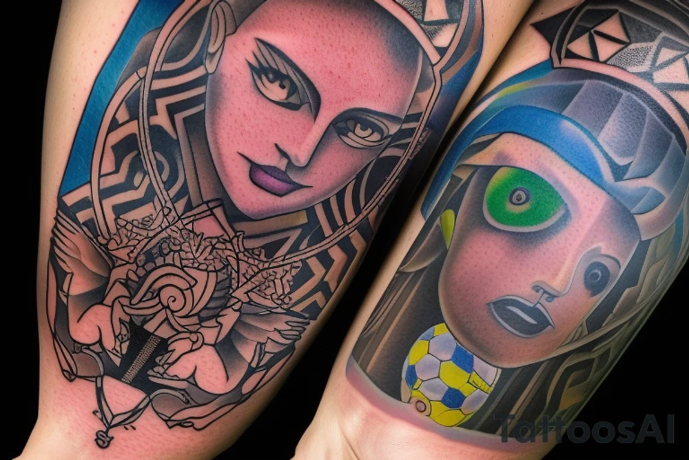"Design a custom tattoo that combines the athleticism and strength of a soccer goalie with the duality and decision-making of the Two of Wands tarot card. Use your creativity to integrate the two elements seamlessly, capturing the essence of both in a single striking image. Consider incorporating elements such as a goalkeeper's gloves, a soccer ball, and the fiery imagery of the Two of Wands to create a truly unique and meaningful tattoo design." tattoo idea