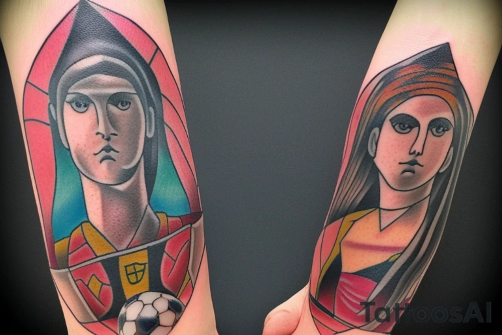 "Design a custom tattoo that combines the athleticism and strength of a soccer goalie with the duality and decision-making of the Two of Wands tarot card. Use your creativity to integrate the two elements seamlessly, capturing the essence of both in a single striking image. Consider incorporating elements such as a goalkeeper's gloves, a soccer ball, and the fiery imagery of the Two of Wands to create a truly unique and meaningful tattoo design." tattoo idea