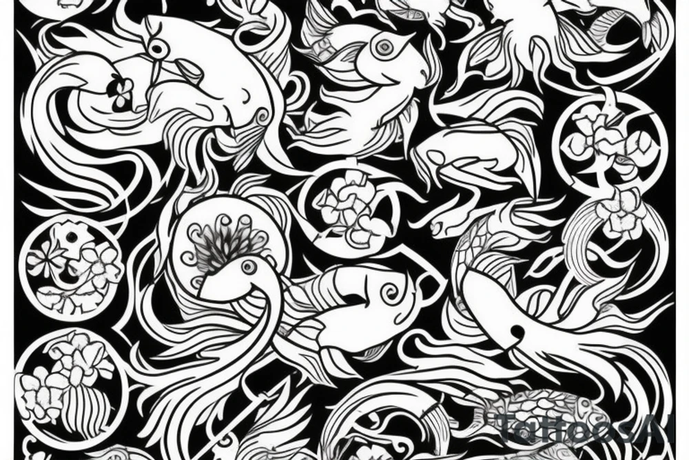 Cancer Zodiac Sign Made from Koi fish and Flowers tattoo idea