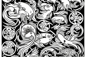 Cancer Zodiac Sign Made from Koi fish and Flowers tattoo idea