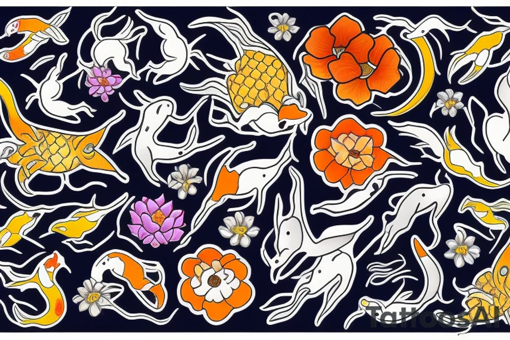 Cancer Zodiac Sign Made from Koi fish and Flowers tattoo idea