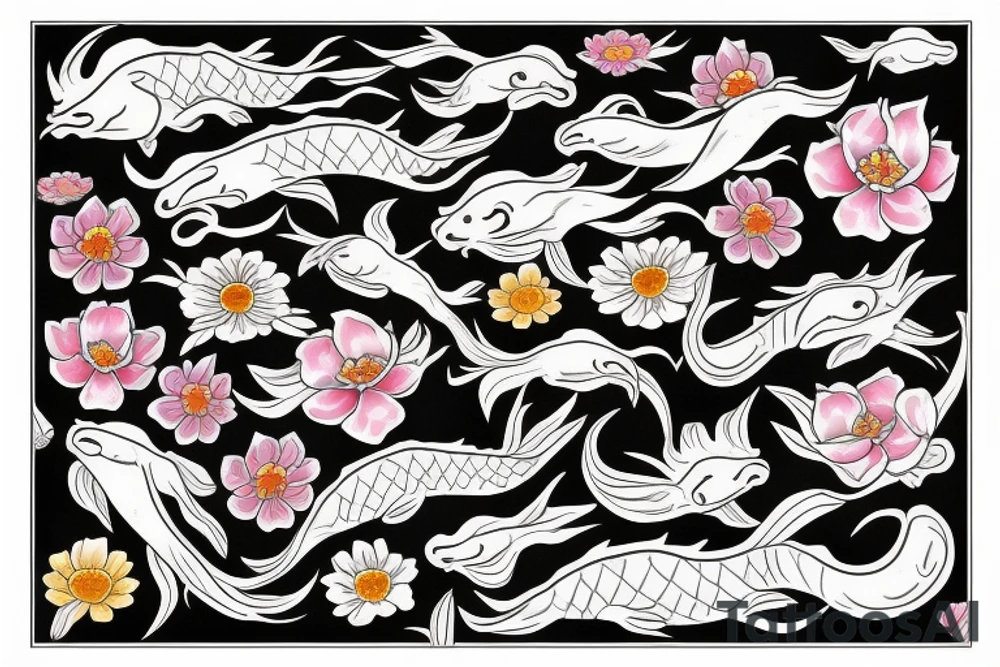 Cancer Zodiac Sign Made from Koi fish and Flowers tattoo idea