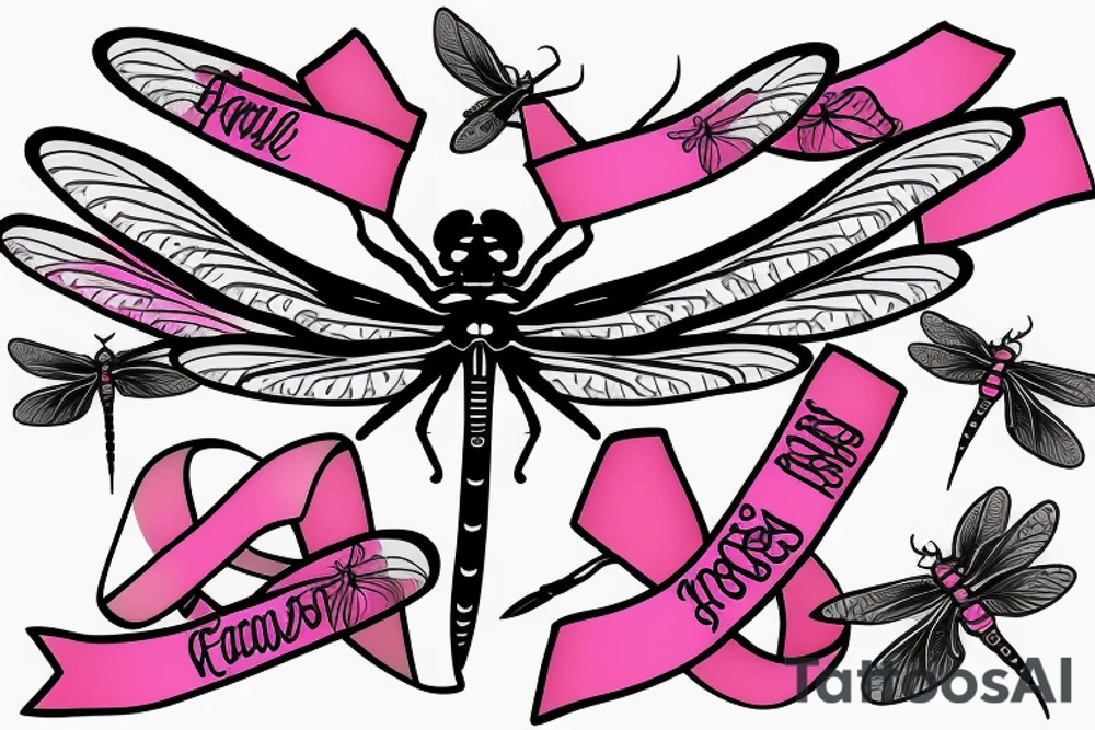 Dragonfly with wings made out of pink cancer ribbons tattoo idea