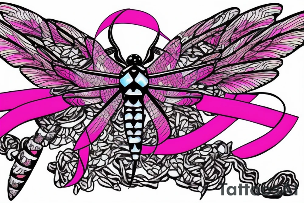 Dragonfly with wings made out of pink breast cancer ribbons tattoo idea