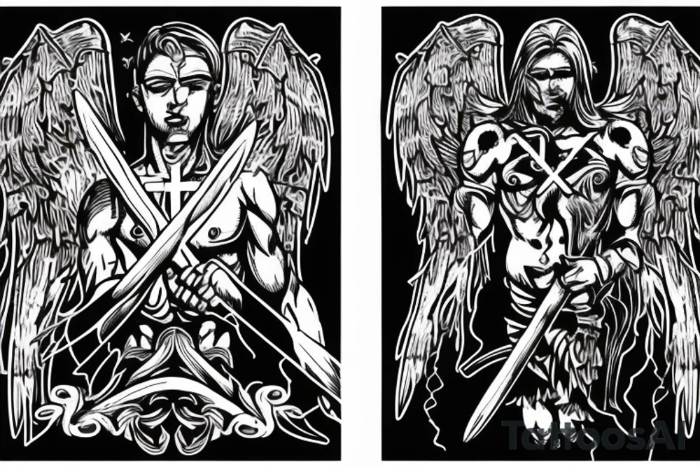 Angel warrior with cross on his chest and sword on his back and blood with lightning in the background tattoo idea