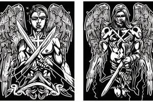 Angel warrior with cross on his chest and sword on his back and blood with lightning in the background tattoo idea