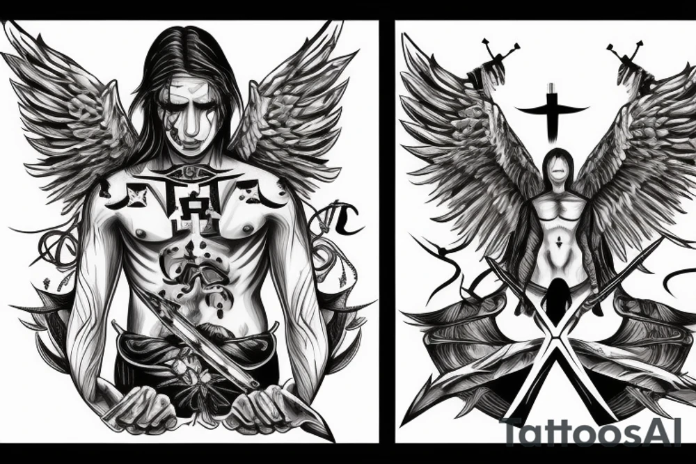 Angel warrior with cross on his chest and sword on his back and blood with lightning in the background tattoo idea