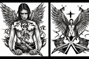 Angel warrior with cross on his chest and sword on his back and blood with lightning in the background tattoo idea