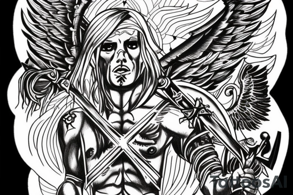 Angel with cross on his chest and sword on his back and blood with lightning in the background tattoo idea