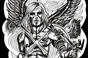 Angel with cross on his chest and sword on his back and blood with lightning in the background tattoo idea