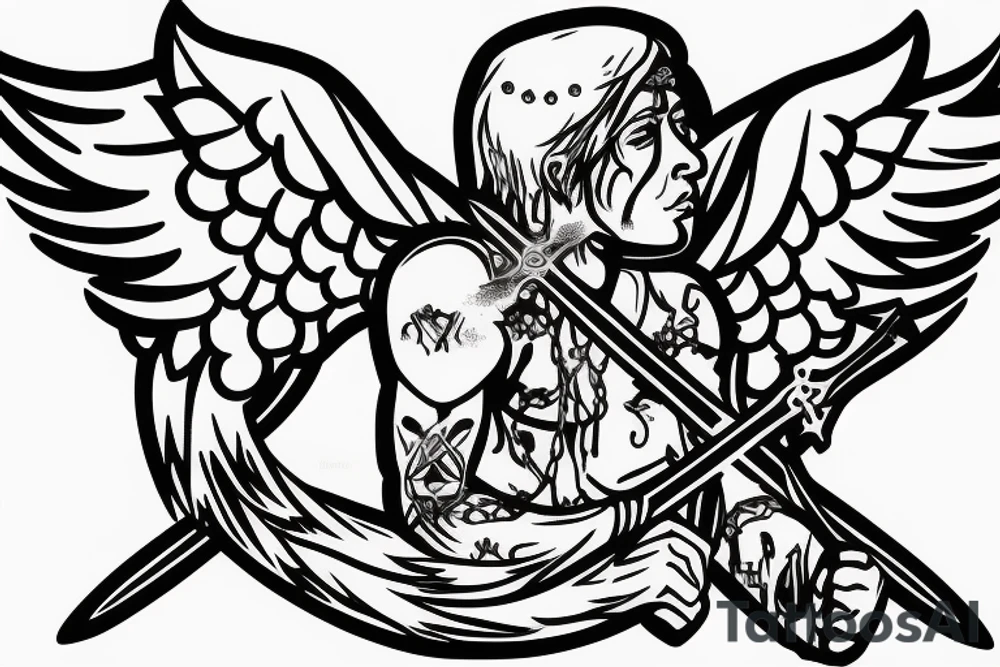 Angel with cross on his chest and sword on his back and blood with lightning in the background tattoo idea