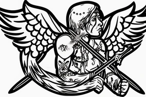 Angel with cross on his chest and sword on his back and blood with lightning in the background tattoo idea