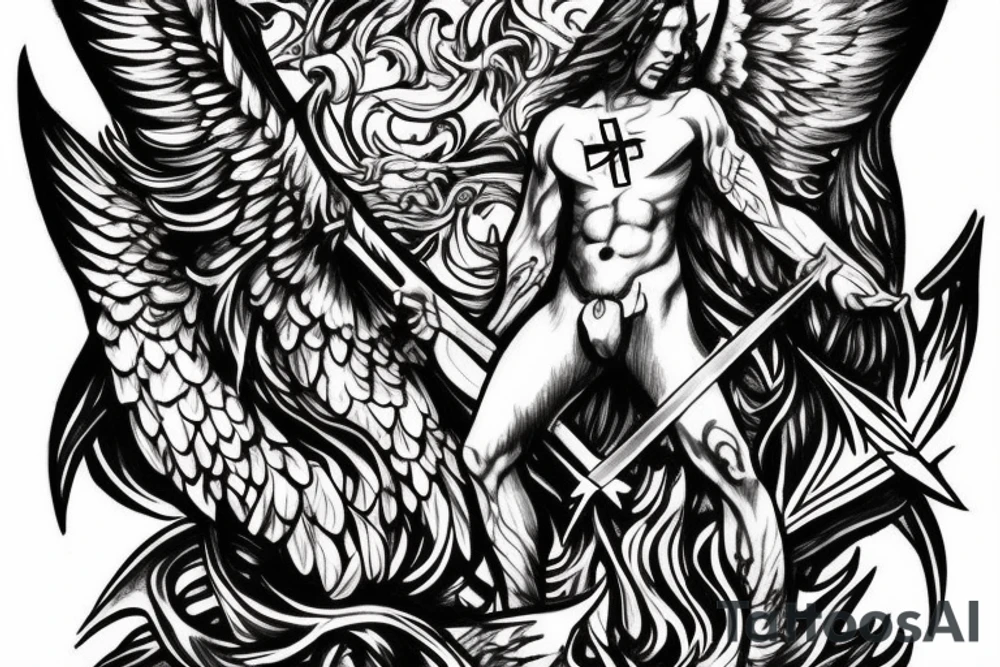 Angel with cross on his chest and sword on his back and blood with lightning in the background tattoo idea