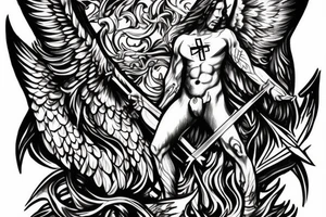 Angel with cross on his chest and sword on his back and blood with lightning in the background tattoo idea