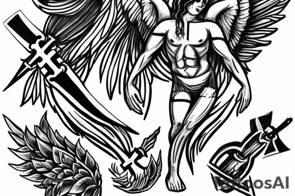Angel with cross on his chest and sword on his back and blood with lightning in the background tattoo idea