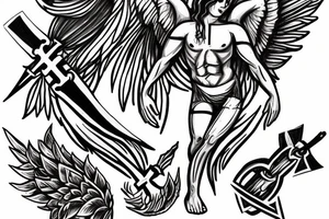 Angel with cross on his chest and sword on his back and blood with lightning in the background tattoo idea