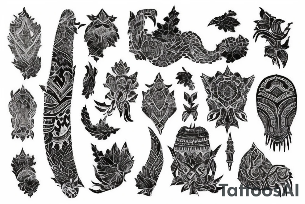 bold indonesian pattern inspired tattoo with clear contrast between darks and whites reminiscent of william kentridge art that’s not too detailed and has a lot of white asymmetric or organic white space tattoo idea
