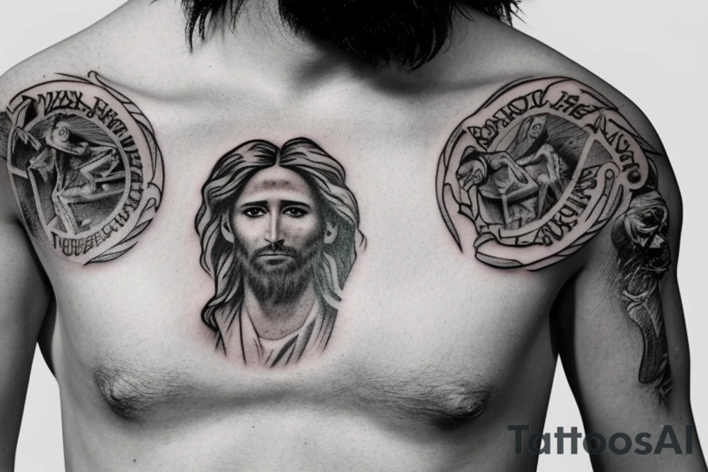 cinematic still shot Jesus Christ returning during revelations + photorealism + unreal engine 5+ ultra detailed tattoo idea