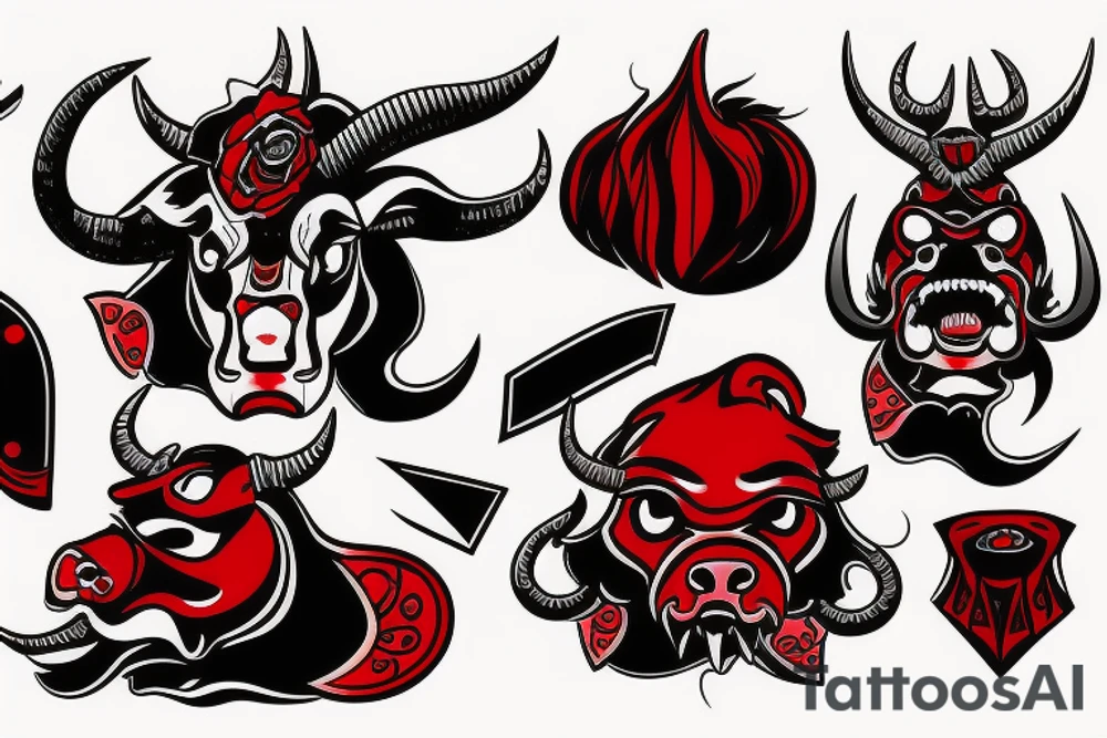 Red and black angry bull tattoo idea