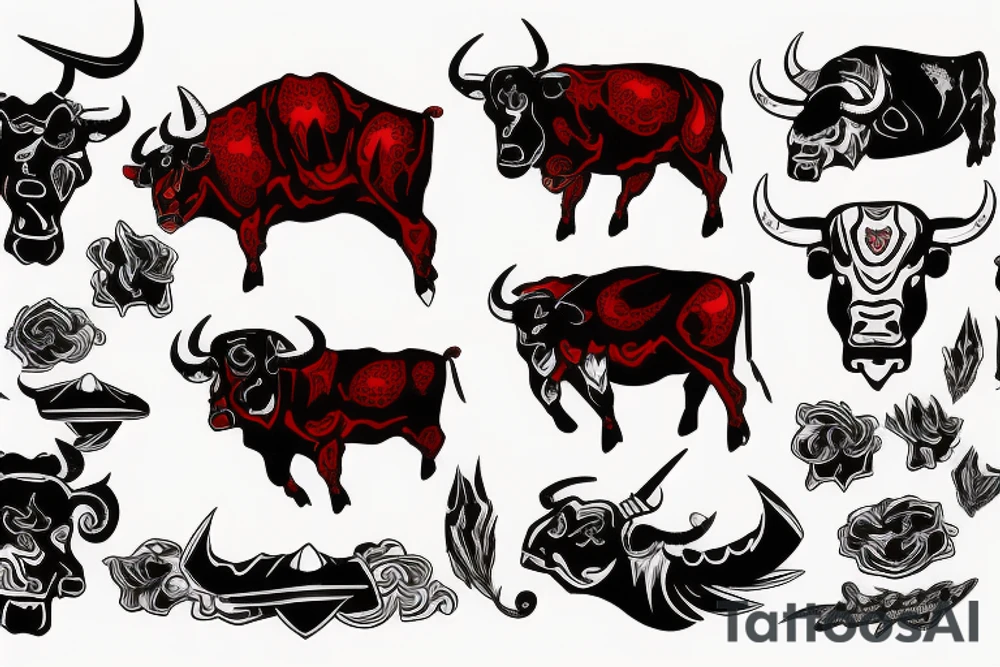 Red and black angry bull tattoo idea