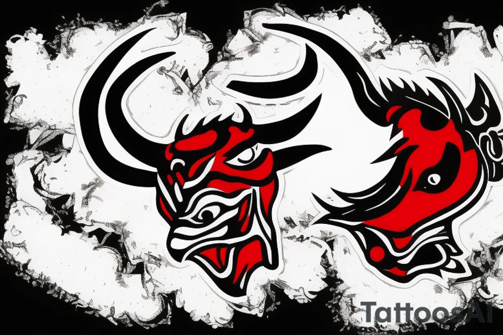 Angry bull head in black red and white tattoo idea