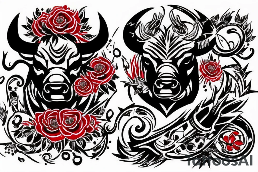 Angry bull head in black red tattoo idea