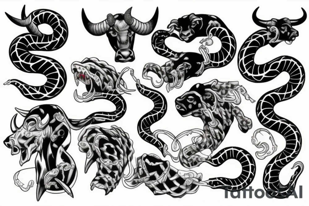 Aggressive bull and snake tattoo idea