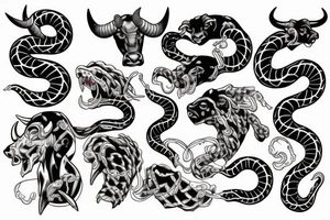 Aggressive bull and snake tattoo idea