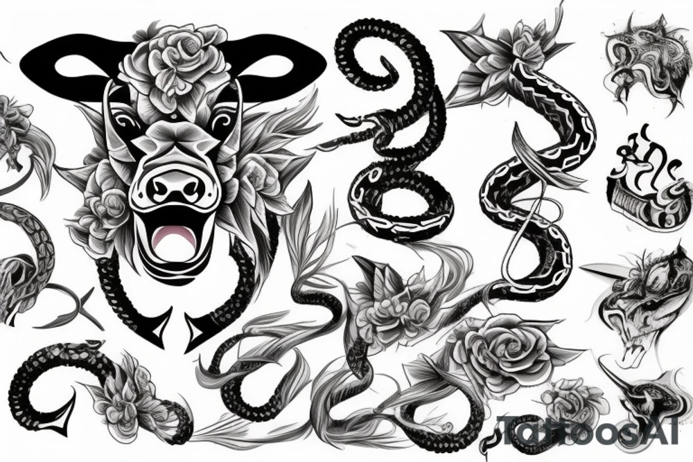 Aggressive bull and snake tattoo idea