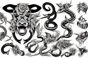 Aggressive bull and snake tattoo idea