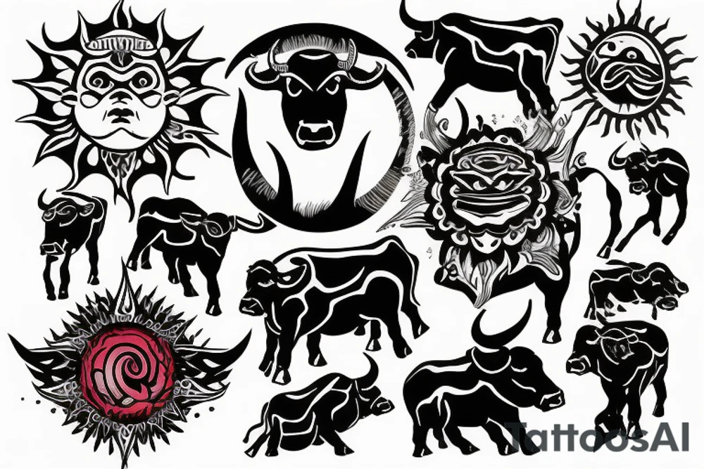 Aggressive bull with sun tattoo idea