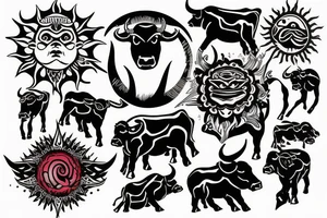 Aggressive bull with sun tattoo idea